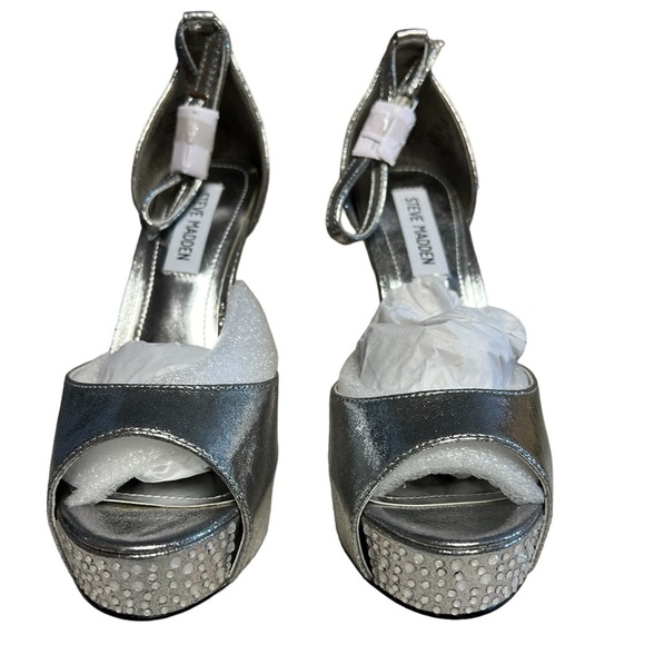 NIB Steve Madden Platform Silver Rhinstone Heel Open Toe Size 8.5 - Picture 2 of 7